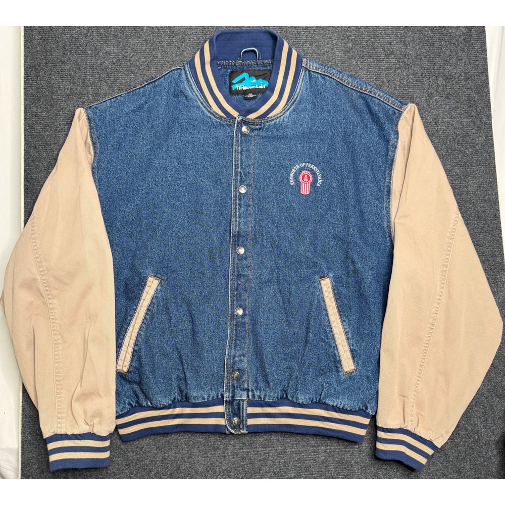Vintage Tri-Mountain Kenworth of Pennsylvania Denim Varsity Jacket Mens 2XL